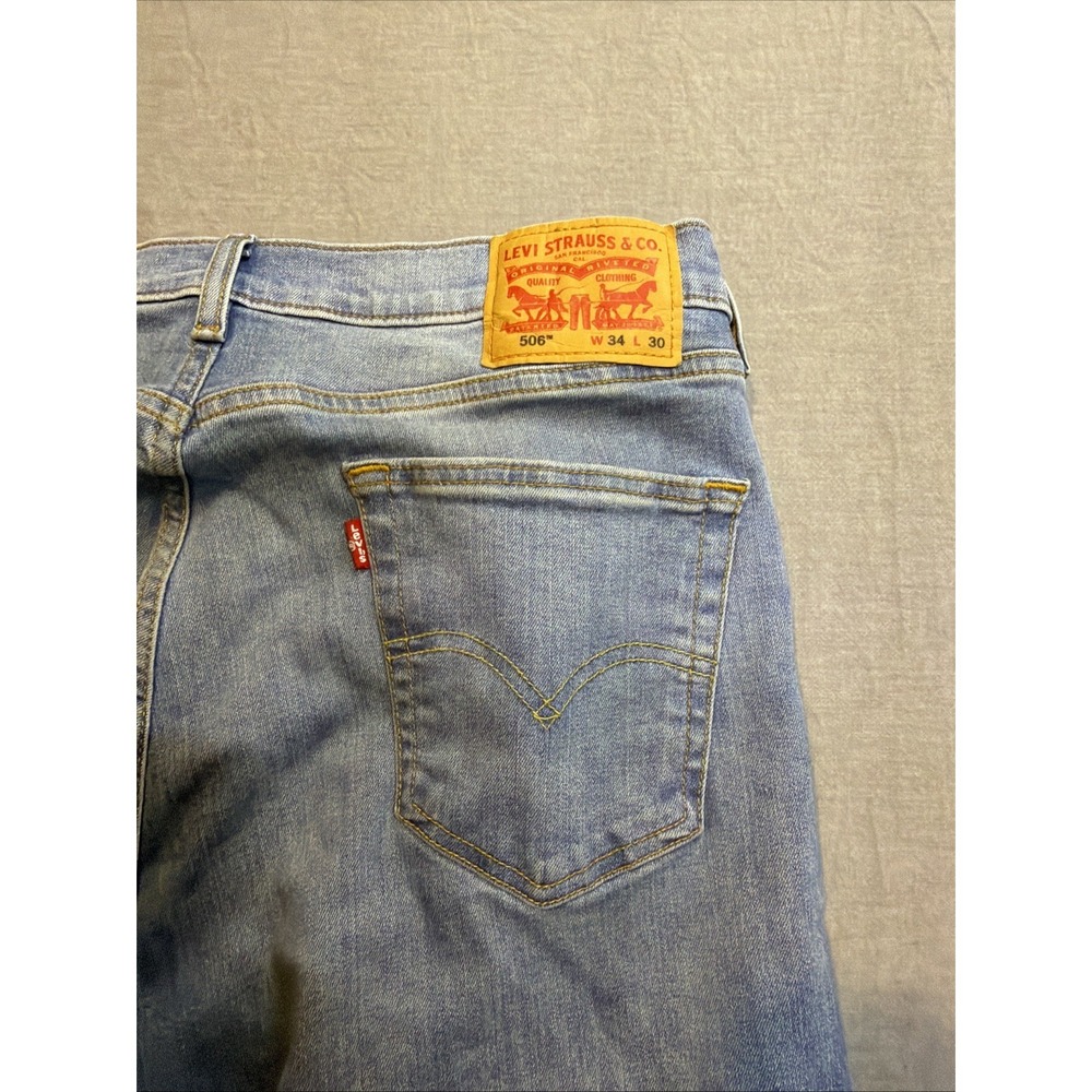 Levis 506 Cotton Jeans 34x30 (34x26) Mens Mid Blue Relaxed Straight Fit Stretch - Picture 11 of 11